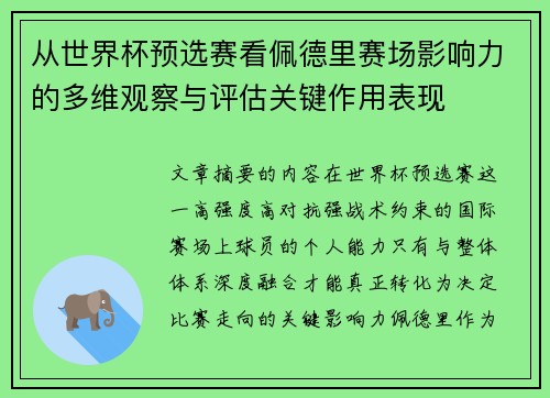 从世界杯预选赛看佩德里赛场影响力的多维观察与评估关键作用表现 从世界杯预选赛看佩德里赛场影响力的多维观察与评估关键作用表现